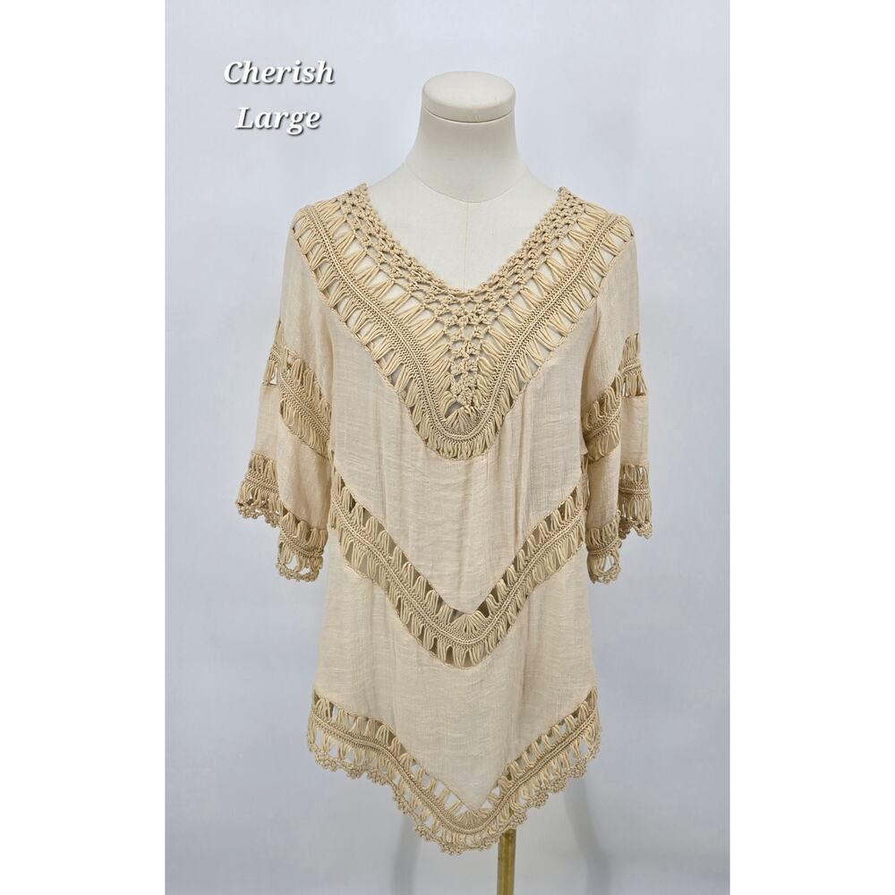 Cherish Crochet Detail Boho Tunic Top Beigeโ Womenโs Size Large